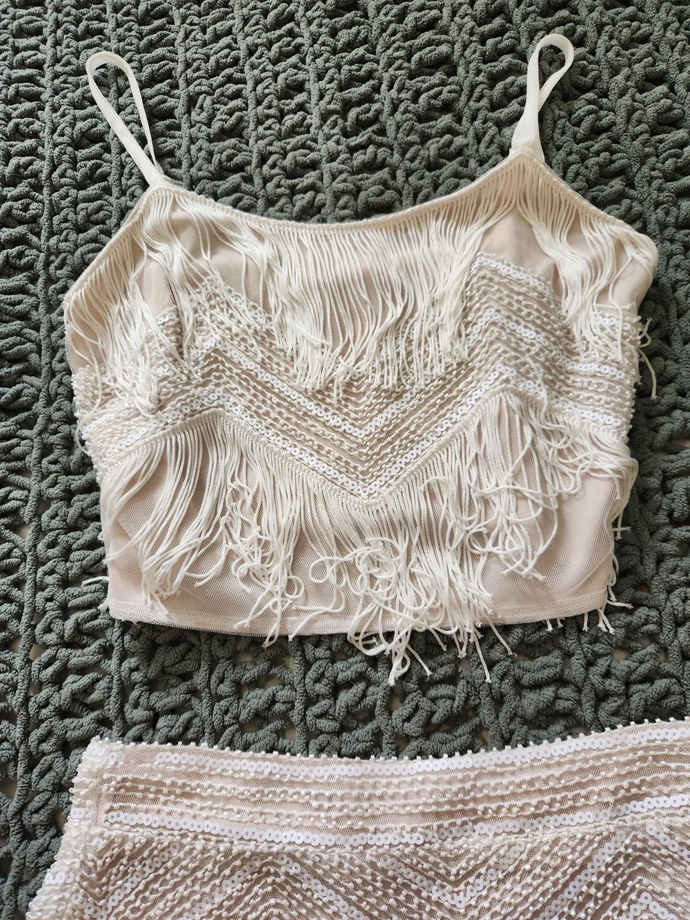 Lulu's White Fringe Beaded Mini Skirt Set - Picture 3 of 8